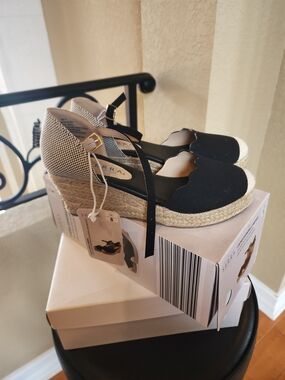 Serra Black and Cream Espadrille Wedge Sandals with Ankle Strap